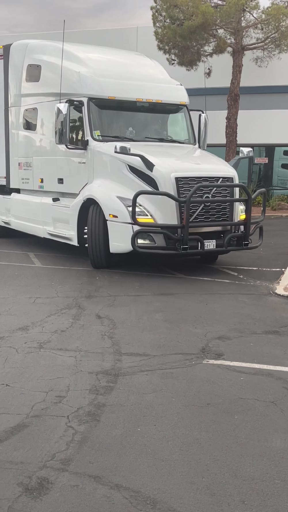 Aerial Transport LLC Volvo semi truck parked at Las Vegas facility